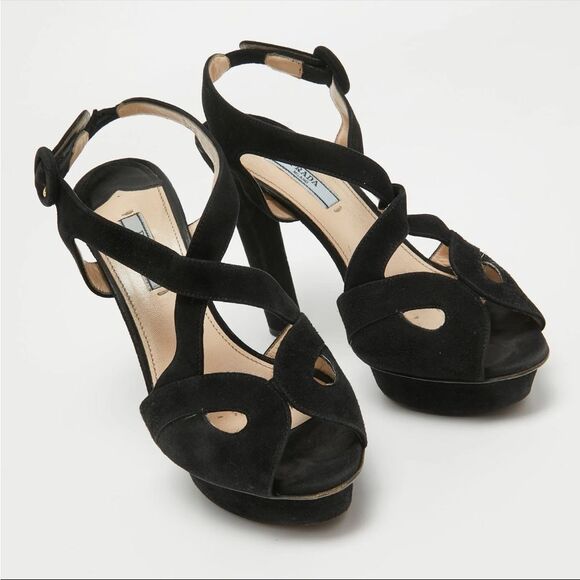 PRADA Suede Block Heel Platform Sandals Black Size 39 - Picture 2 of 11